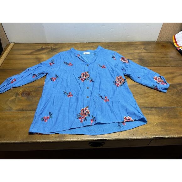 Anthropologie Kindred 1X Blouse Blue Embroidered Boho Peasant - Picture 1 of 10